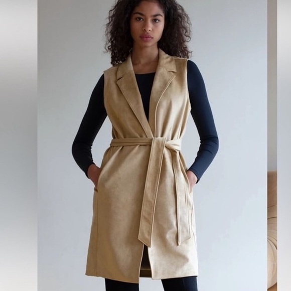 Aritzia Babaton Tan Soft Suede Look Satin Lined Long Vest Jacket Large Belt - Picture 1 of 15